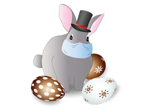 Cute easter bunny wearing top hat with face mask Stock Illustration