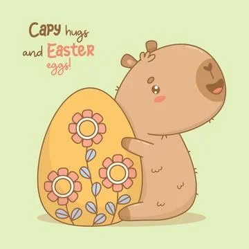 Cute Easter Capybara with big decorative  paschal egg. Happy cartoon kawaii.. Stock Illustration