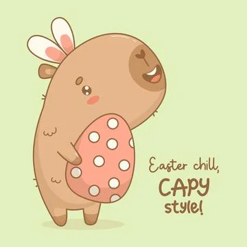 Cute Easter Capybara in bunny ears with paschal egg. Happy cartoon kawaii Stock Illustration