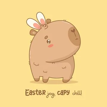 Cute Easter Capybara with Bunny Ears. Calm festive cartoon kawaii animal. V.. Stock Illustration