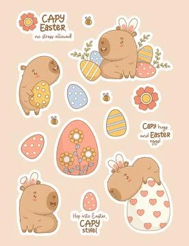 Cute Easter Capybara stickers collection. Happy cartoon kawaii animal in bunny Stock Illustration