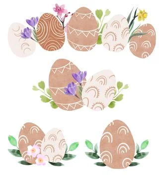 Cute Easter cards with funny bunny, eggs, floral compositions, plants, leaves Stock Illustration