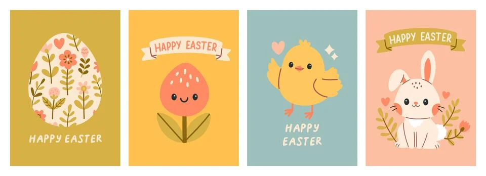 Cute Easter cards set. Spring collection of animals, flowers and decorations Stock Illustration