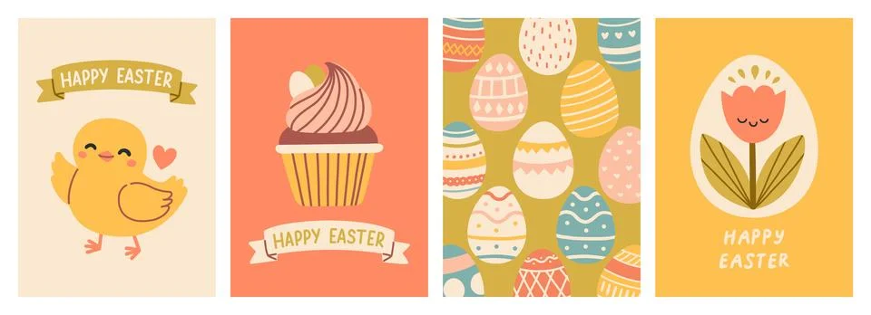 Cute Easter cards set. Spring collection of animals, flowers and decorations Stock Illustration