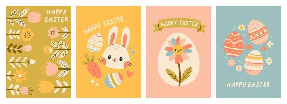 Cute Easter cards set. Spring collection of animals, flowers and decorations Illustrazione stock