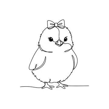 Cute Easter Chick With Bow Minimal Line Art Vector Stock Illustration