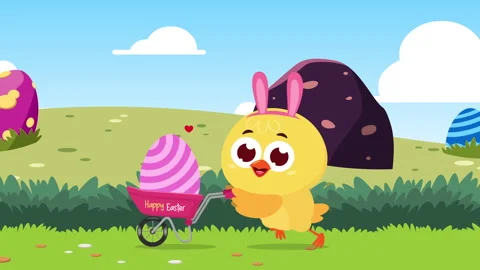 Cute Easter Chick With Bunny Ears Pushing Egg Cart Smiling In Spring Landscape Stock Footage 328639097