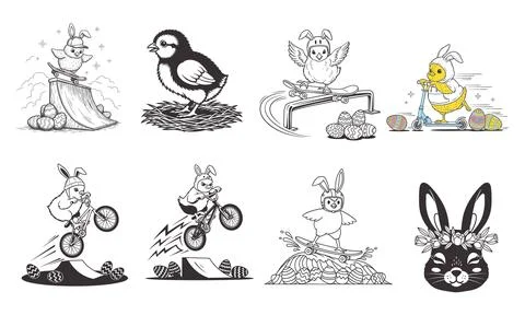 Cute easter chick bunny illustration set playful spring animal line art Stock Illustration