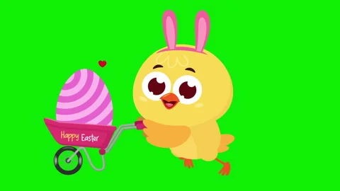 Cute Easter Chick Cartoon Character Pushing Egg Cart 스톡 동영상 328639070