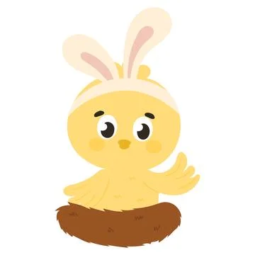 Cute Easter chick character with bunny ears waving hand for kids illustration Stock Illustration