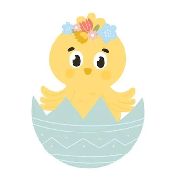 Cute Easter chick character peeking out of egg with floral elements for kid.. Illustrazione stock