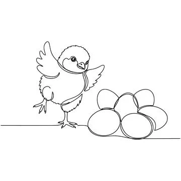 Cute Easter Chick Dancing Beside Egg Stack Minimal Line Art Stock Illustration
