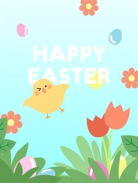 Cute easter chick with easter eggs in grass Stock Illustration
