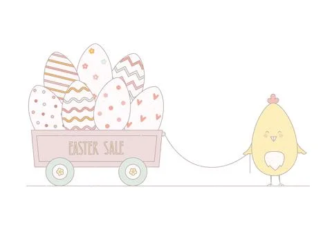 Cute Easter chick with festive eggs going to makret. Vector illustration about Stock Illustration