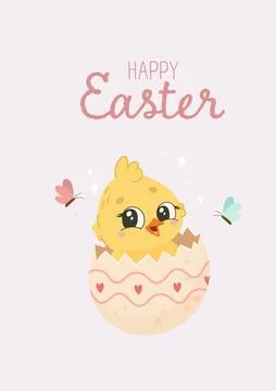 Cute Easter Chick Hatching from Decorated Egg Stock Illustration
