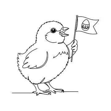 Cute Easter Chick Holding Flag With Decorated Egg Playful Line Art Stock Illustration
