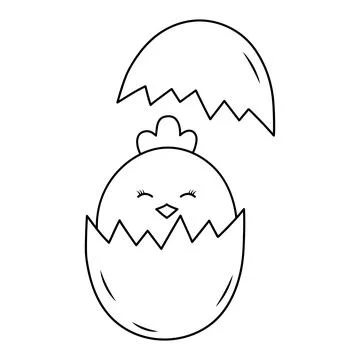 Cute Easter chick sits in cracked egg. Doodle chubby chicken. Vector linear.. Stock Illustration