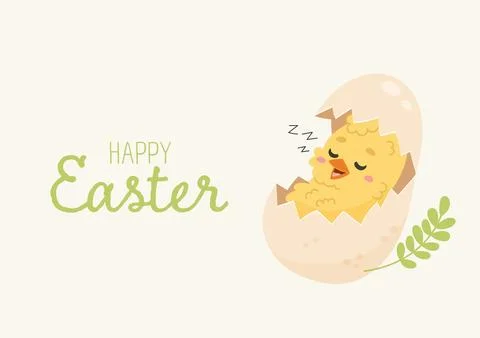 Cute Easter Chick Sleeping in Egg Shell banner card Stock Illustration
