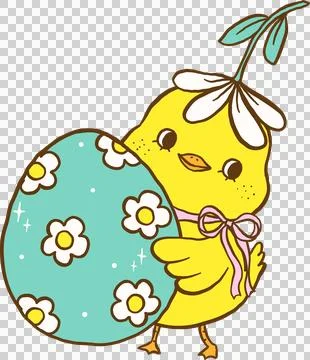 Cute Easter Chick with Spring Egg Cartoon Hand Drawn Stock Illustration