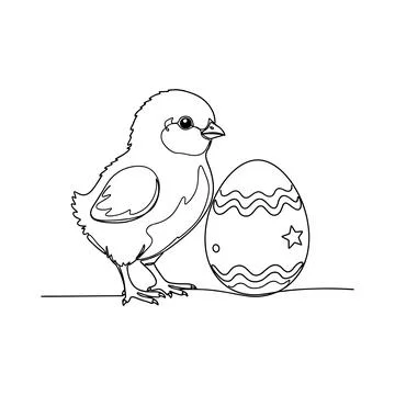 Cute Easter Chick Standing Beside Decorated Egg Minimal Line Art Vector Stock Illustration