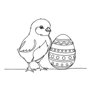Cute Easter Chick Standing Beside Decorated Egg Line Art Vector Stock Illustration