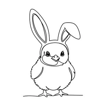 Cute Easter Chick Wearing Bunny Ears Minimal Line Art Vector Stock Illustration