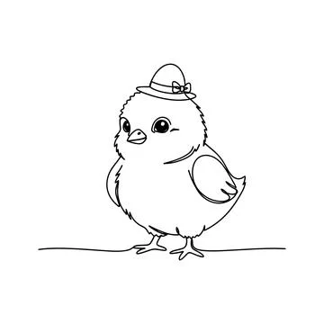 Cute Easter Chick Wearing Decorative Egg Hat Line Art Vector Stock Illustration