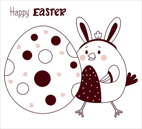 Cute Easter chicken with bunny ears with a large Easter egg. Vector. Happy Stock Illustration