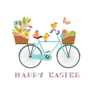 Cute Easter Chickens on Bicycle with gifts vector Stock Illustration