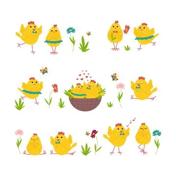 Cute Easter chickens set, Yellow chickens in different poses, a couple in love Stock Illustration