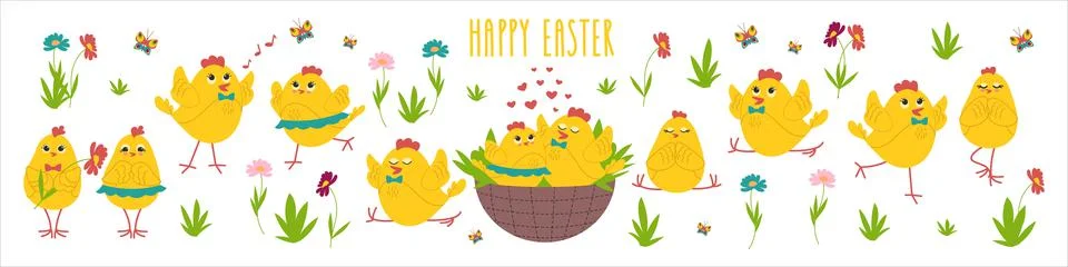Cute Easter chickens set, Yellow chickens in different poses, a couple in love Stock Illustration