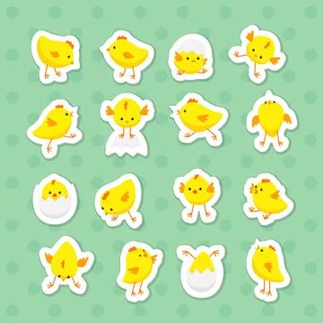 Cute Easter chickens sticker pack. Printable vector illustration Illustrazione stock