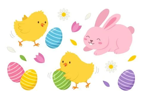 Cute Easter Chicks and Bunny with Colorful Eggs and Spring Flowers Illustrati Stock Illustration