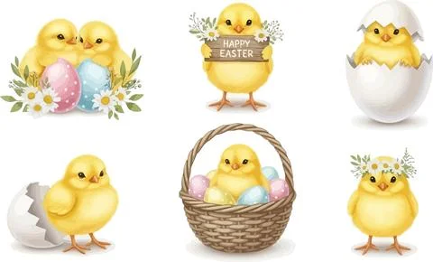 Cute Easter Chicks Collection: Spring Holiday Icons, Baby Birds, Eggs, Bask.. Ilustração Stock