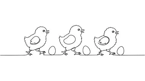 Cute Easter Chicks Walking with Eggs Line Art Vector Stock Illustration