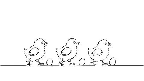 Cute Easter Chicks Walking With Eggs Line Art Stock Illustration