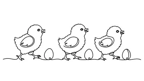 Cute Easter Chicks Walking with Eggs Minimal Line Art Vector Stock Illustration