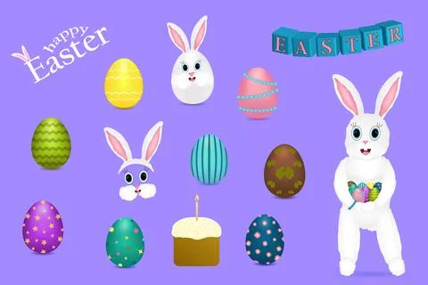 Cute Easter Clipart Set with Bunny, Decorated Eggs, and Holiday Elements Illustrazione stock