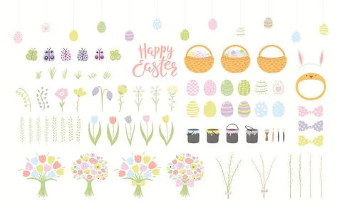 Cute Easter clipart set, painted eggs, flowers Stock Illustration