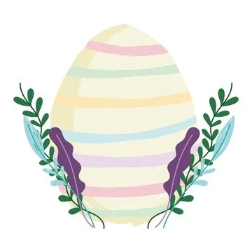 Cute easter colored stripes egg with foliage nature white background 스톡 일러스트