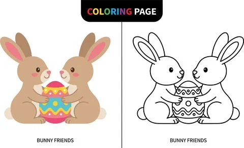 Cute Easter Coloring Page with Two Bunnies Holding an Egg. Stock Illustration