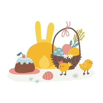 Cute Easter concept. Bunny with Easter elements - buscet, eggs, chiken, flowers 스톡 일러스트