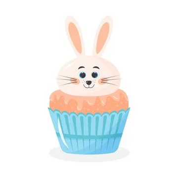 Cute Easter cupcake with bunny head. Funny sweet muffin with cartoon rabbit.. Stock Illustration
