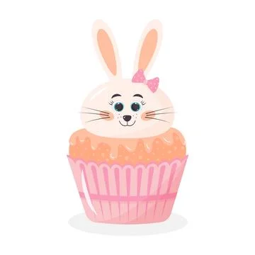Cute Easter cupcake with bunny head. Funny sweet muffin with cartoon rabbit.. Stock Illustration
