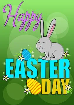Cute easter day card on green background with beautiful bunny and eggs Stock Illustration