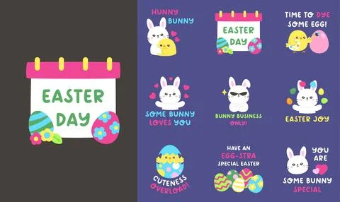 Cute Easter Day Sticker Collection and Fun Holiday Phrases in Bright Pastel.. Stock Illustration
