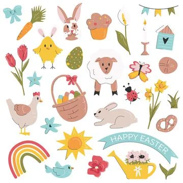 Cute easter design elements set isolated on white. Bundle with rabbit, chick Illustrazione stock
