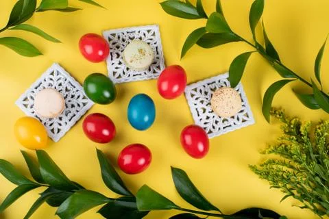 Cute Easter desserts, Easter painted eggs, Authentic Easter Brunch. Stock Photos