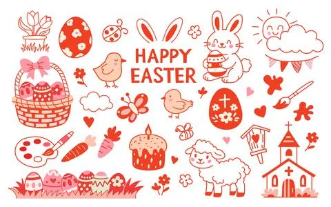 Cute Easter doodle illustration set with bunny, chicks, eggs, hearts and fl.. 스톡 일러스트