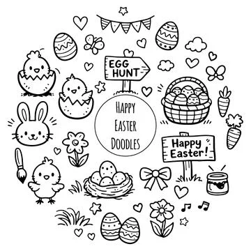 Cute Easter Doodle Line Art Collection. Hand drawn elements Illustrazione stock